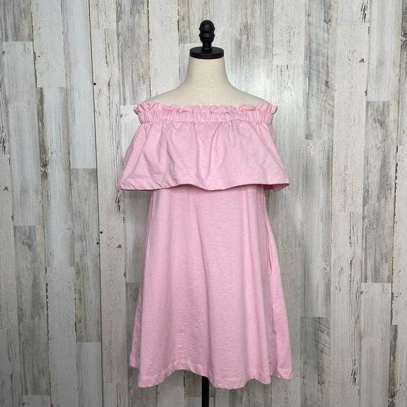 H&M Off The Shoulder Dress Bubblegum Pink Ruffle Shift Mini Preppy Beach Size S - Picture 1 of 7